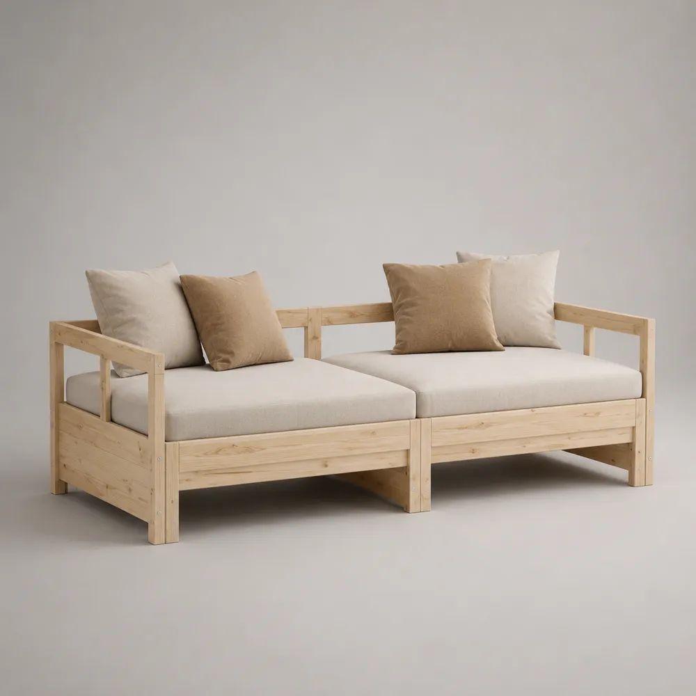 2-teiliges Tagesbett aus Massivkiefer mit Polsterauflagen, Natur/Beige/Creme, 210 x 88 x 75 cm, Liegefläche 200 x 80 cm