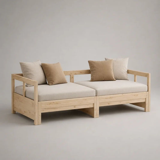 2-teiliges Tagesbett aus Massivkiefer mit Polsterauflagen, Natur/Beige/Creme, 210 x 88 x 75 cm, Liegefläche 200 x 80 cm