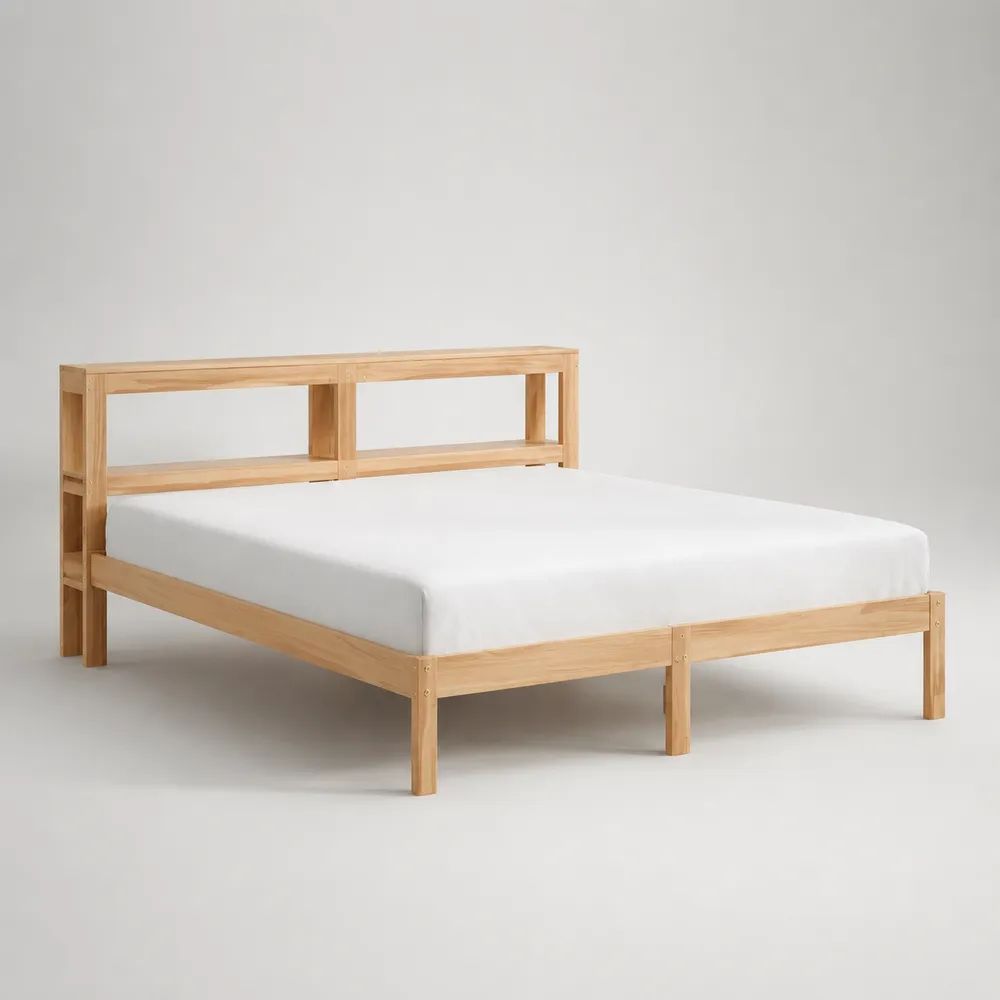 Doppelbett-Bettgestell mit Regal-Kopfteil aus massivem Kiefernholz, Natur, Liegefläche 160 × 200 cm