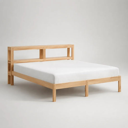 Doppelbett-Bettgestell mit Regal-Kopfteil aus massivem Kiefernholz, Natur, Liegefläche 160 × 200 cm