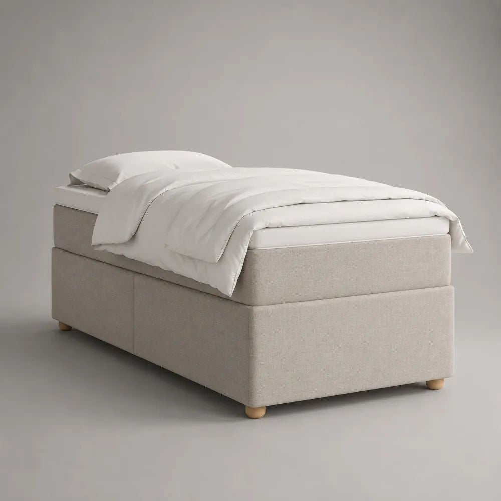 Boxspringbett ohne Kopfteil 90 x 200 cm mit Matratze und Topper, Polyesterbezug in Beige und Weiß