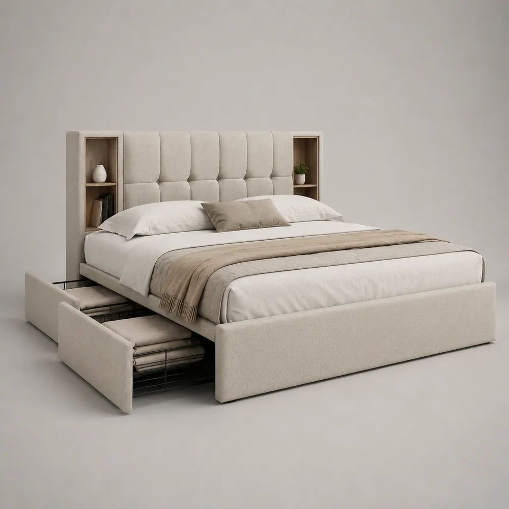 Polsterbett Doppelbett mit 2 Schubladen und Regal-Kopfteil, Polyester-Bouclé, Beige, Liegefläche 180 x 200 cm, Gesamtmaß 244 x 220 x 130 cm