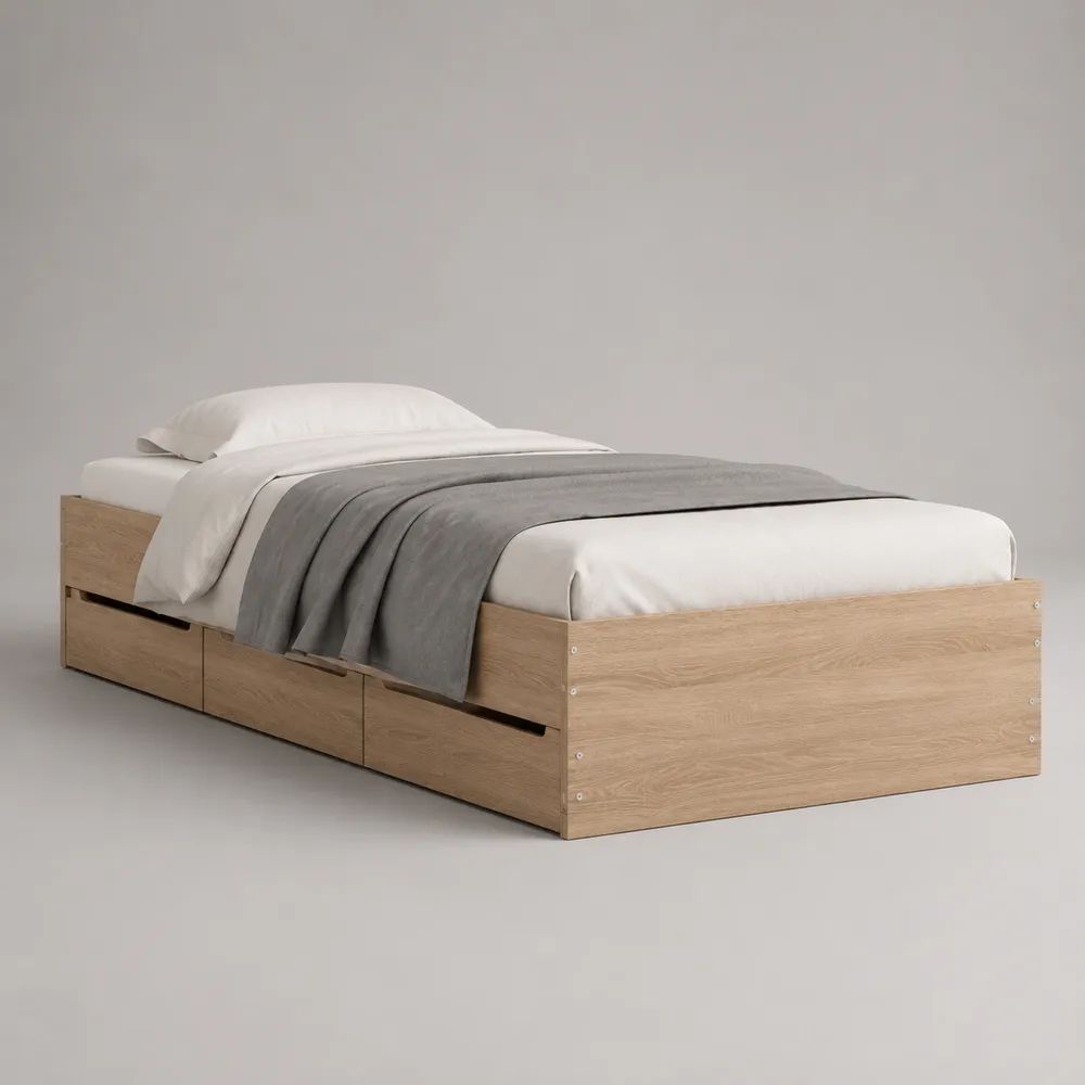 Stauraumbett Einzelbett 90 x 200 cm aus melaminbeschichteter Spanplatte mit 3 Schubladen, rechteckig, Eichefarben