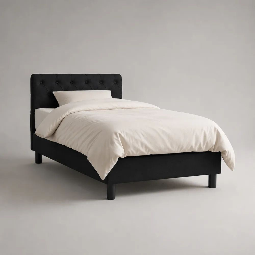 Polsterbett mit Lattenrost 90 × 200 cm, Polyesterbezug mit Knopfheftung, Schwarz