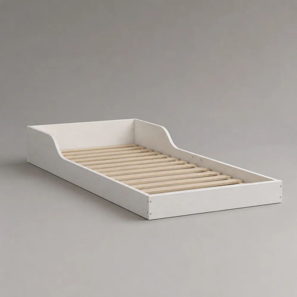 Montessori-Kinderbett, bodennahes Holzbett mit Lattenrost, Weiß/Natur, Liegefläche 90 × 200 cm, Gesamtmaß 206 × 96 × 58 cm