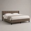 Polsterbett aus Holz und Metall 180 × 200 cm mit Lattenrost, Polyesterbezug und Knopfheftung, Taupe/Schwarz