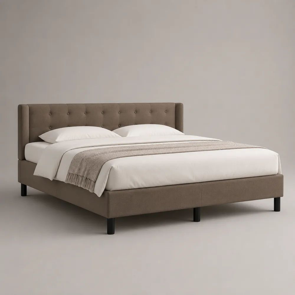 Polsterbett aus Holz und Metall 180 × 200 cm mit Lattenrost, Polyesterbezug und Knopfheftung, Taupe/Schwarz