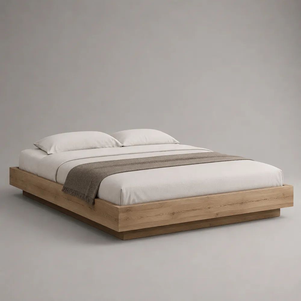 Plattformbett Doppelbett aus MDF mit Eichenfurnier, Natureiche/Dunkelbraun, 220 x 210 x 32 cm, Liegefläche 180 x 200 cm