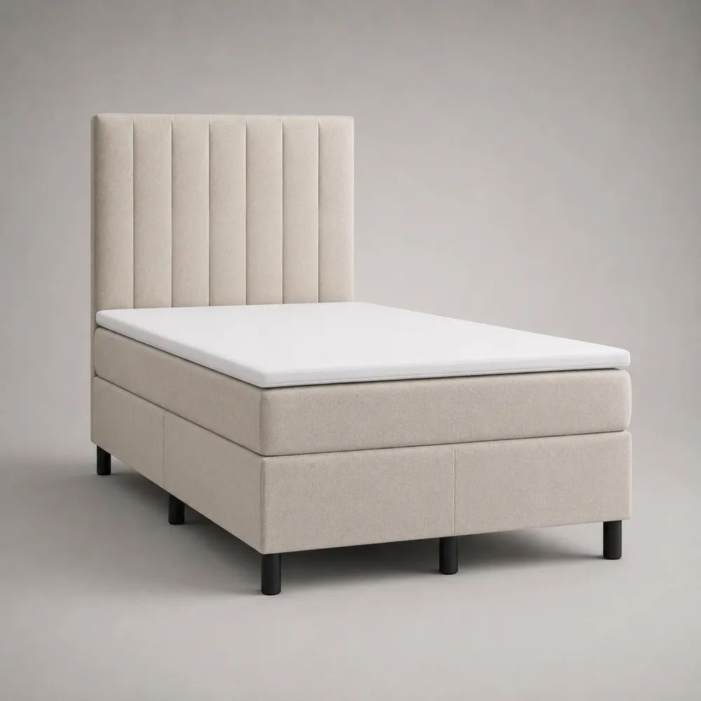 Boxspringbett 90 × 200 cm mit Matratze und Topper, Polyesterbezug, Beige/Weiß/Schwarz