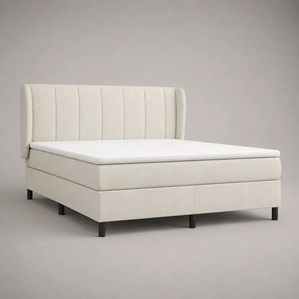 Boxspringbett mit Topper, Matratze und gepolstertem Kopfteil, Liegefläche 160 × 200 cm, Polyesterbezug Beige