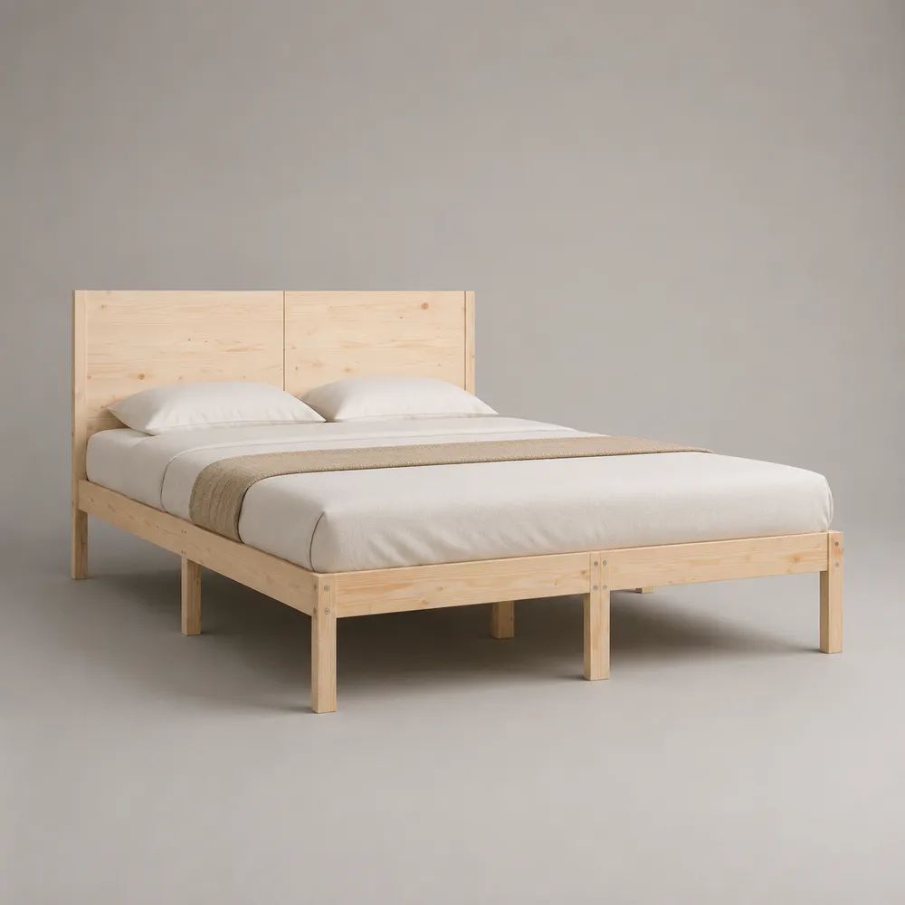 Doppelbett aus massivem Kiefernholz, Naturfarben, 160 × 200 cm, mit Kopfteil und Lattenrost