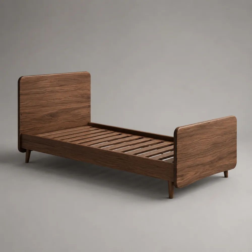 Einzelbettgestell aus MDF und Kiefernholz mit Lattenrost, Walnussbraun, Liegefläche 90 x 200 cm, Gesamtmaß 208 x 98 x 105 cm