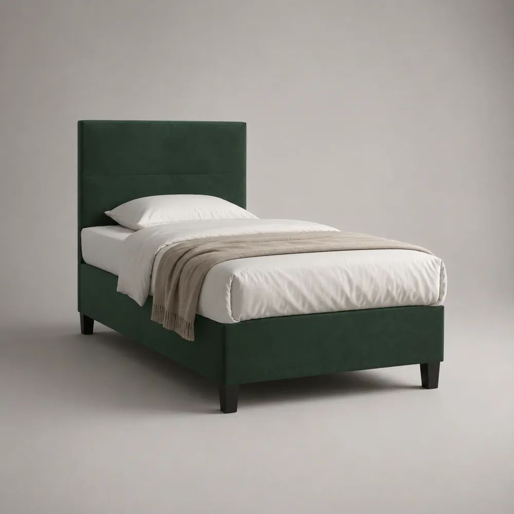 Polsterbett Einzelbett 90 x 200 cm mit Lattenrost und hohem Kopfteil, Polyester-Velours, Dunkelgrün