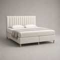Polsterbett Doppelbett 180 × 200 cm, Gesamtmaß 215 × 190 × 118 cm, mit Lattenrost, vertikal gepolstertem Kopfteil und Stoffbezug, Creme/Natur