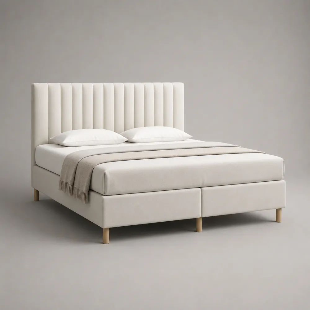 Polsterbett Doppelbett 180 × 200 cm, Gesamtmaß 215 × 190 × 118 cm, mit Lattenrost, vertikal gepolstertem Kopfteil und Stoffbezug, Creme/Natur