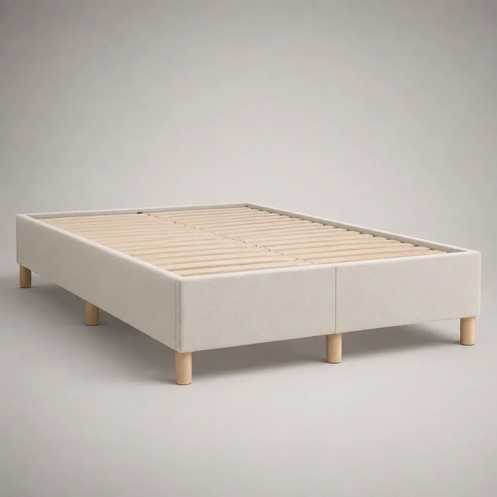 Polsterbett ohne Kopfteil, Bettgestell 160 × 200 cm aus Polyester-Bouclé in Creme/Natur mit Holz-Lattenrost