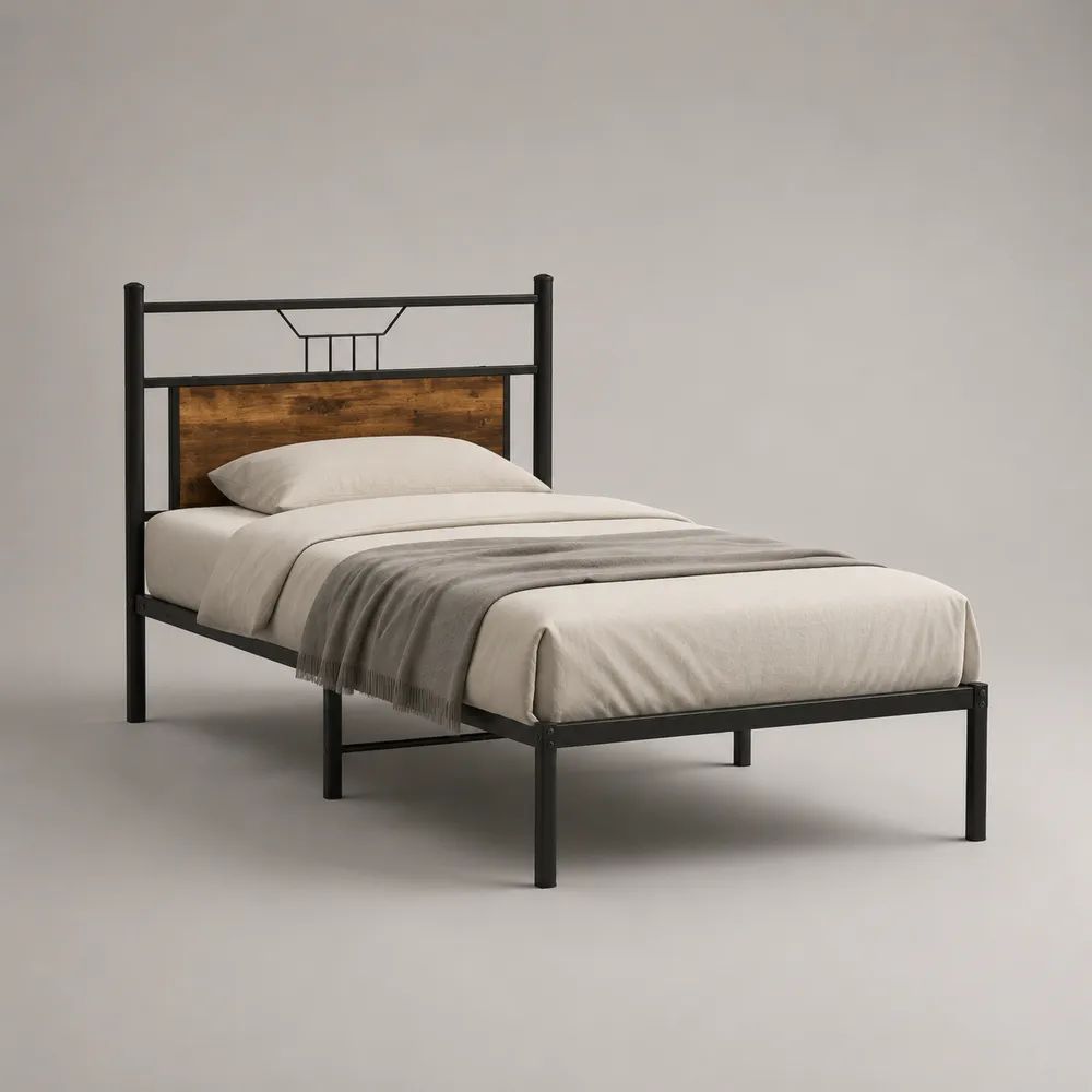 Einzelbett mit Stahl-Lattenrost und Spanplatten-Kopfteil, Schwarz/Braun, Liegefläche 90 × 200 cm