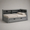 Stauraumbett mit Regal und ausziehbarem Bettkasten aus MDF und Spanplatte, Grau, 215 x 124 x 110 cm, Liegefläche 90 x 200 cm