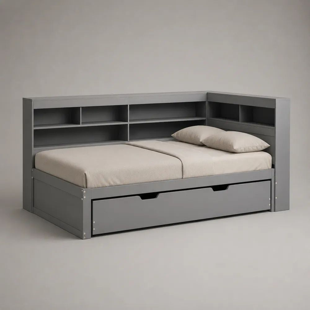 Stauraumbett mit Regal und ausziehbarem Bettkasten aus MDF und Spanplatte, Grau, 215 x 124 x 110 cm, Liegefläche 90 x 200 cm