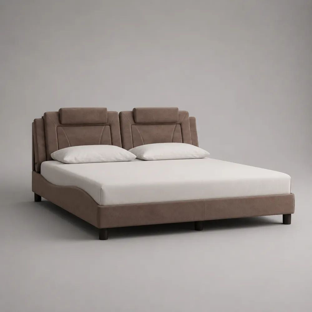 Polsterbett Doppelbett 180 x 200 cm mit Lattenrost, geteiltem Kopfteil und Polyester-Mikrofaserbezug in Taupe